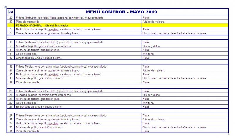 Menú mayo 2019